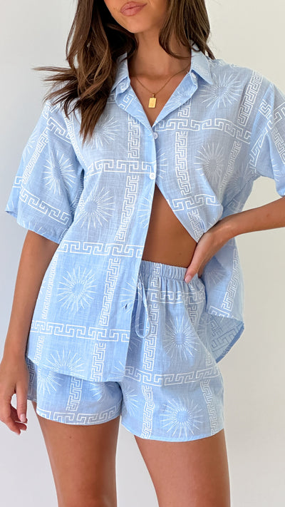 Load image into Gallery viewer, Charli Button Up Shirt and Shorts Set - Blue/White Print
