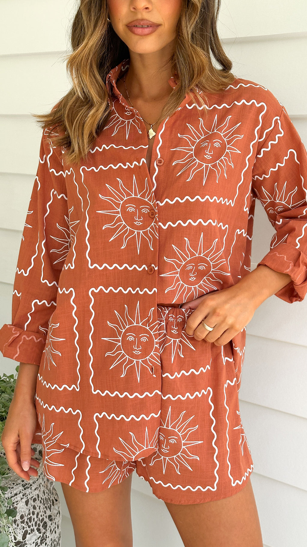 Zoey Long Sleeve Button Up Shirt and Shorts Set - Rust/White