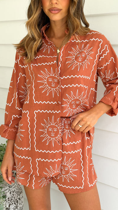 Load image into Gallery viewer, Zoey Long Sleeve Button Up Shirt and Shorts Set - Rust/White
