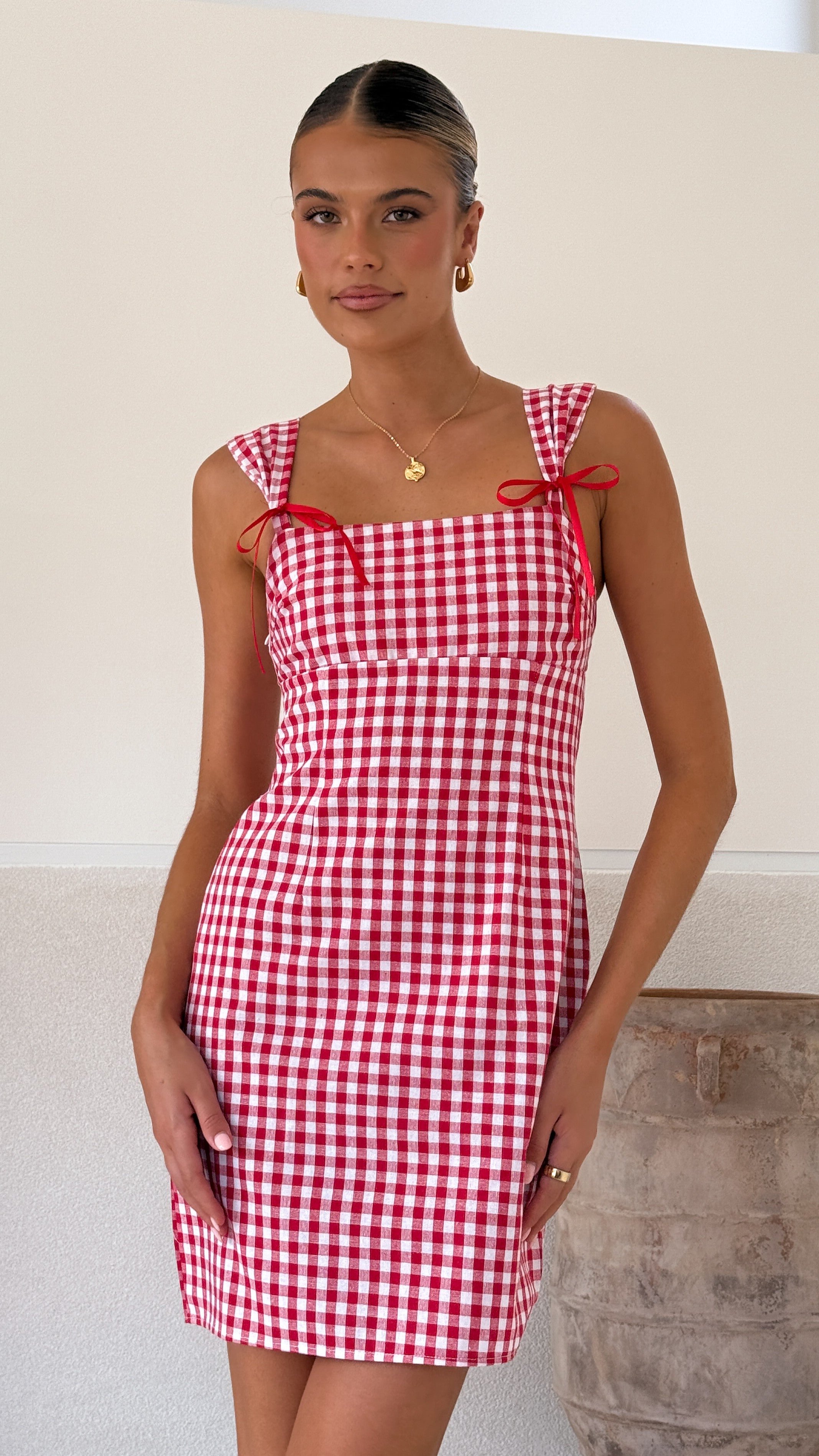 Elise Ribbon Mini Dress - Red Gingham - Billy J