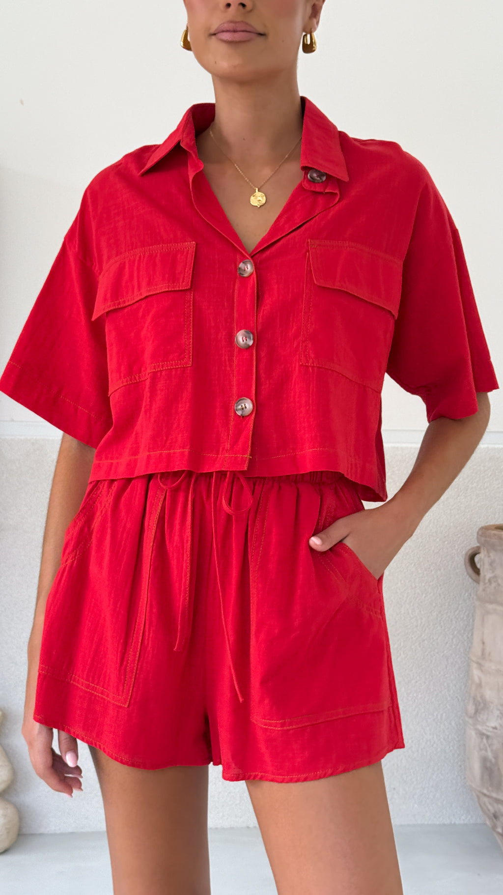 Bridgette Cropped Shirt and Shorts Set - Red - Billy J