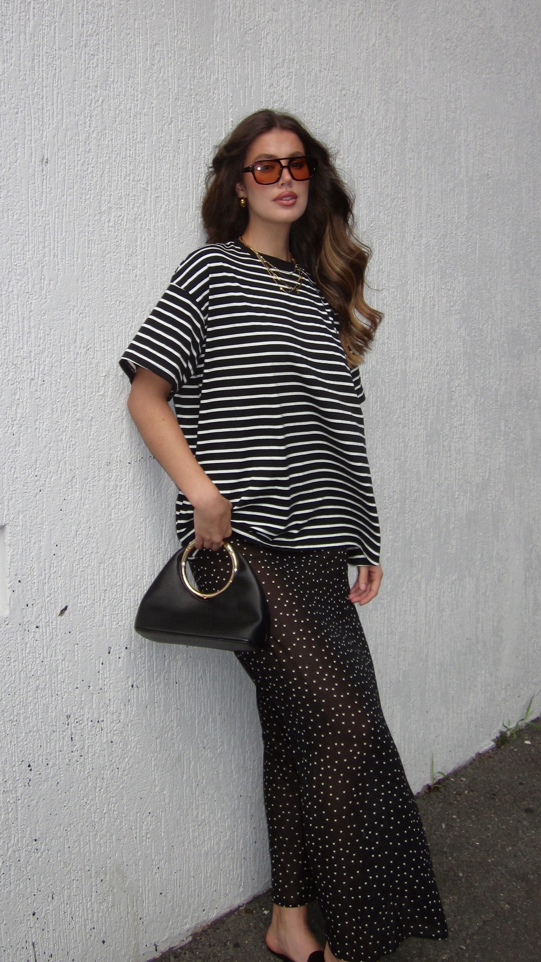Elisha T-Shirt and Sheer Maxi Skirt Set - White/Black Stripe and Polka Dot - Billy J