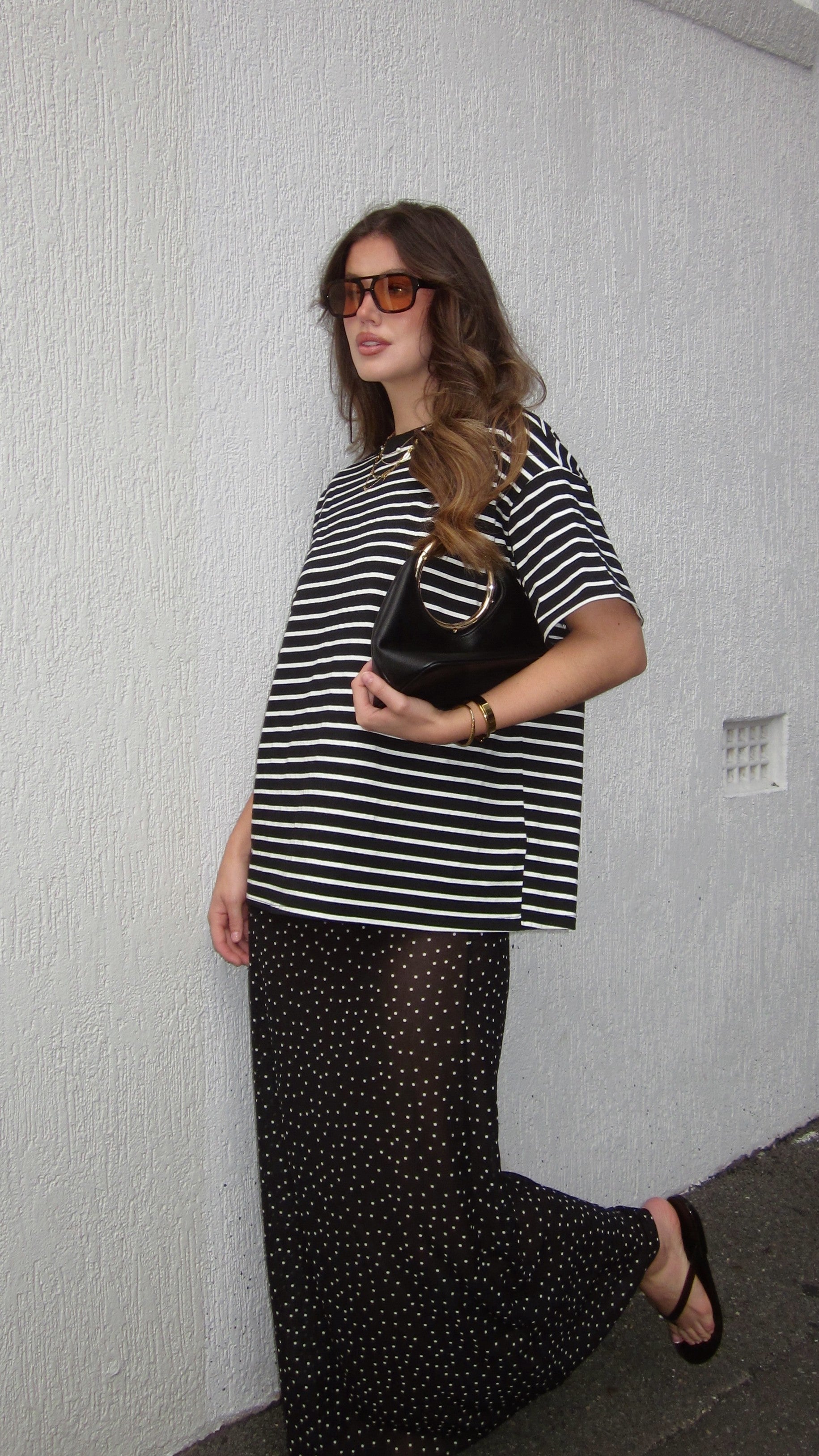 Elisha T-Shirt and Sheer Maxi Skirt Set - White/Black Stripe and Polka Dot - Billy J