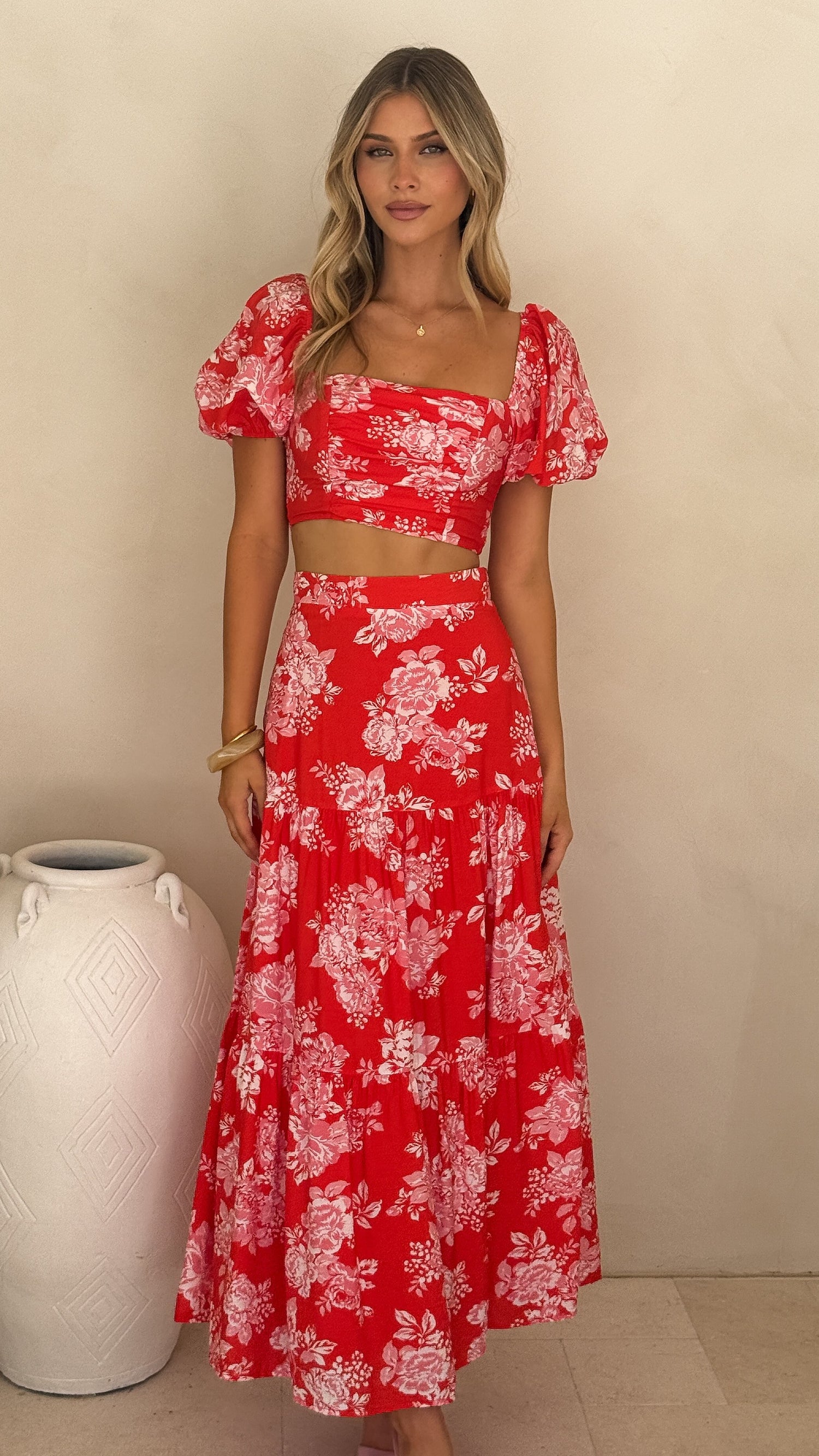 Calla Top and Maxi Skirt Set - Red Floral - Billy J
