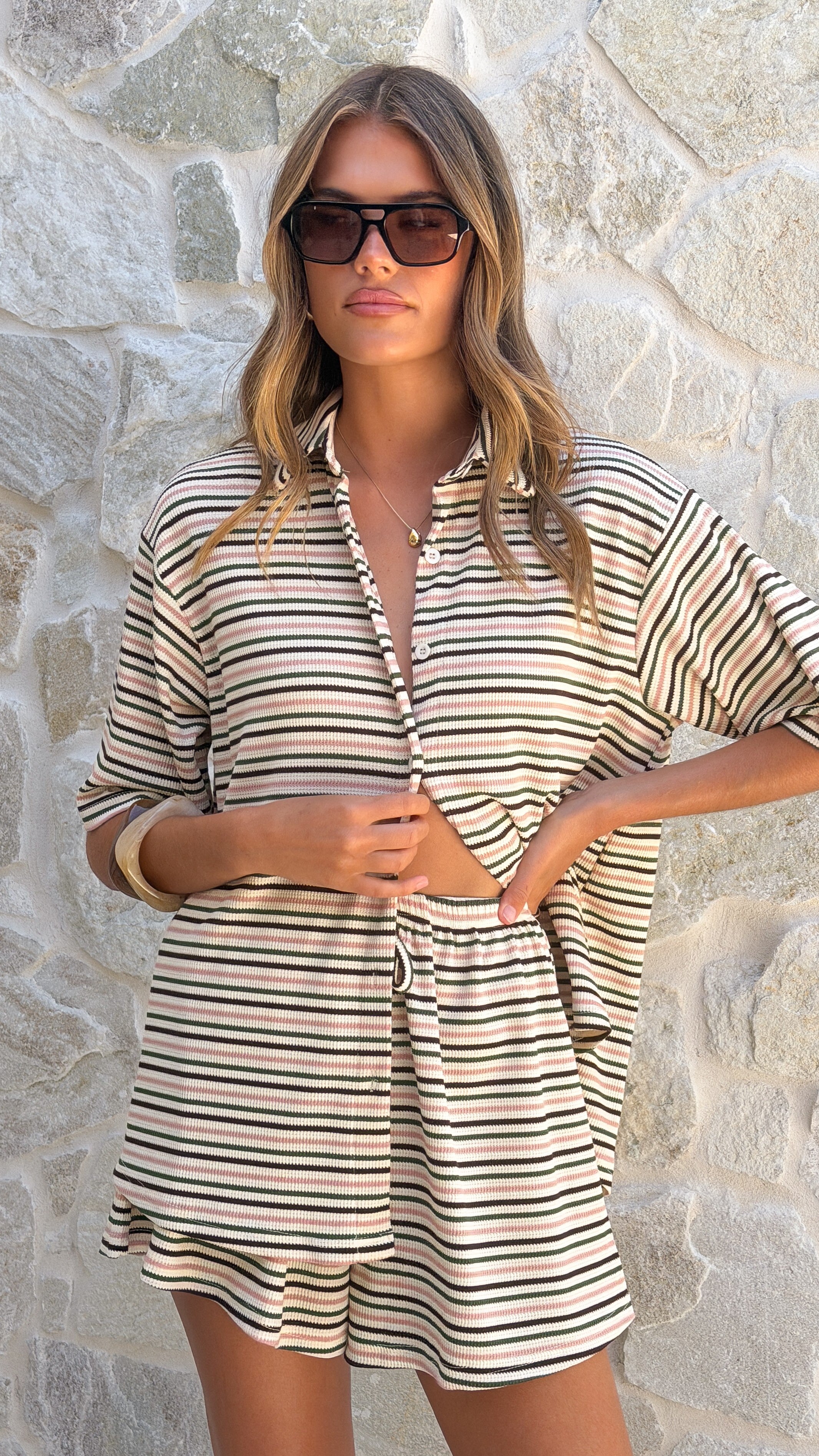 Tali Button Up Shirt and Shorts Set - Beige/Green Stripe - Billy J