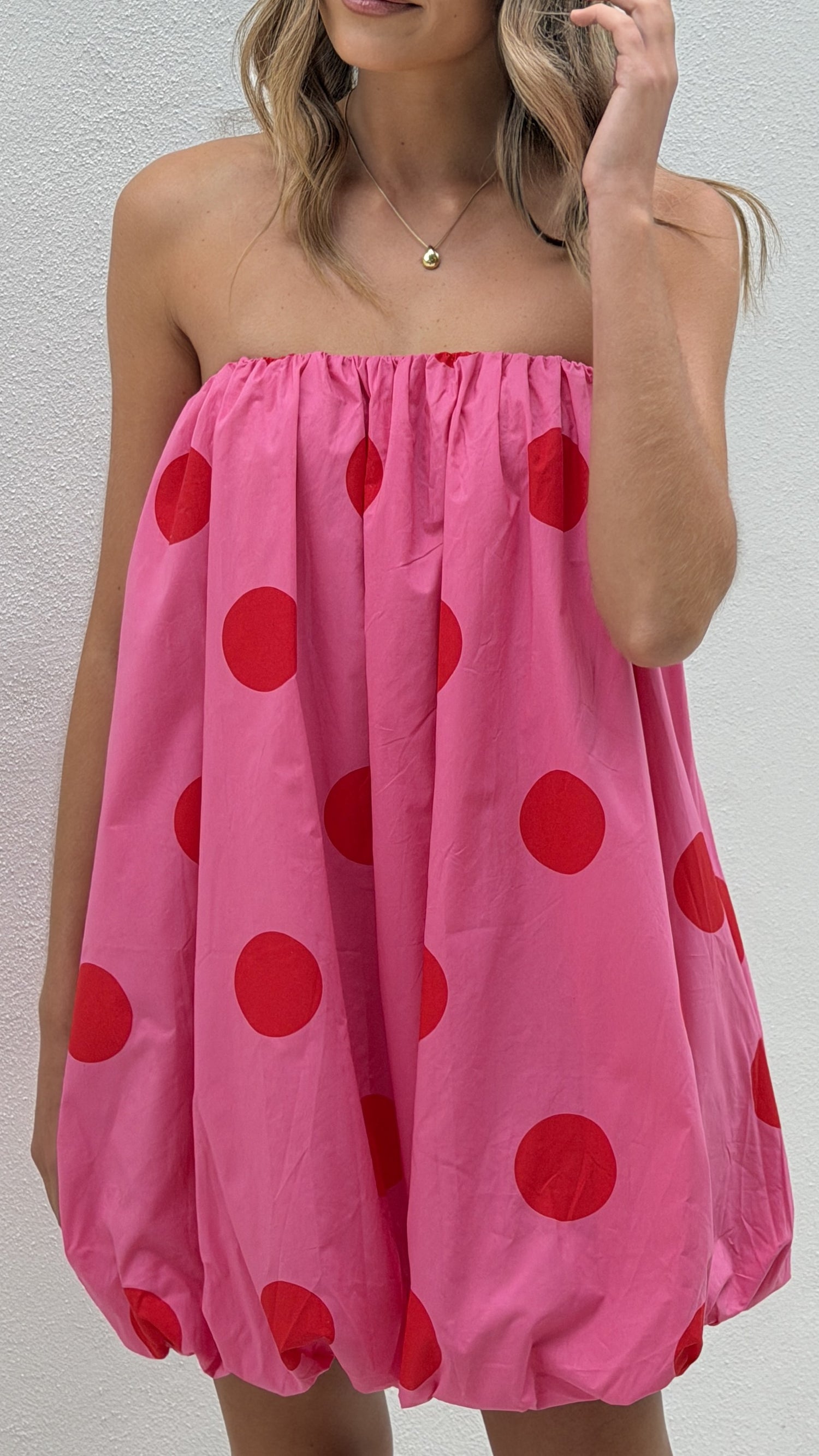 Everly Strapless Mini Dress - Pink/Red Polka - Billy J