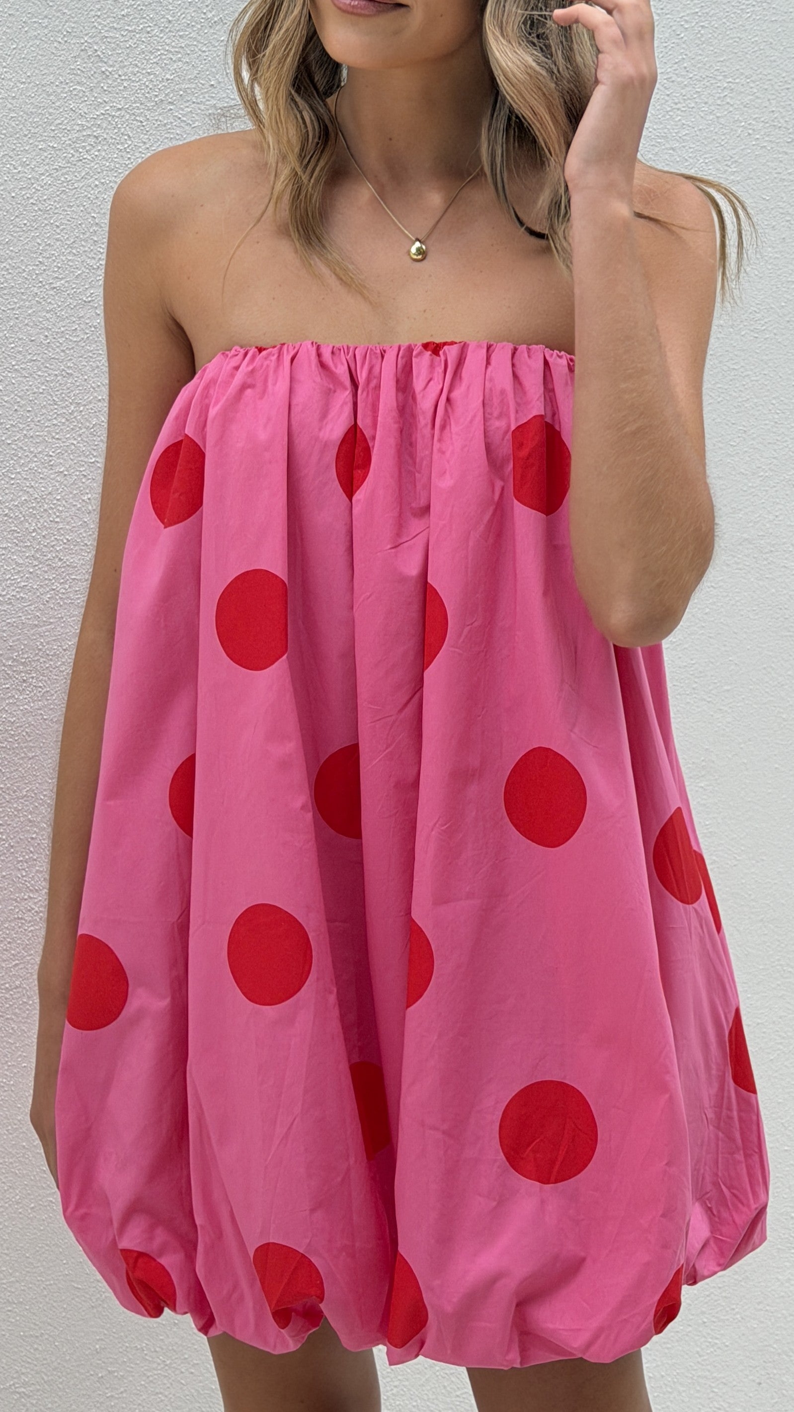 Everly Strapless Mini Dress - Pink/Red Polka - Billy J