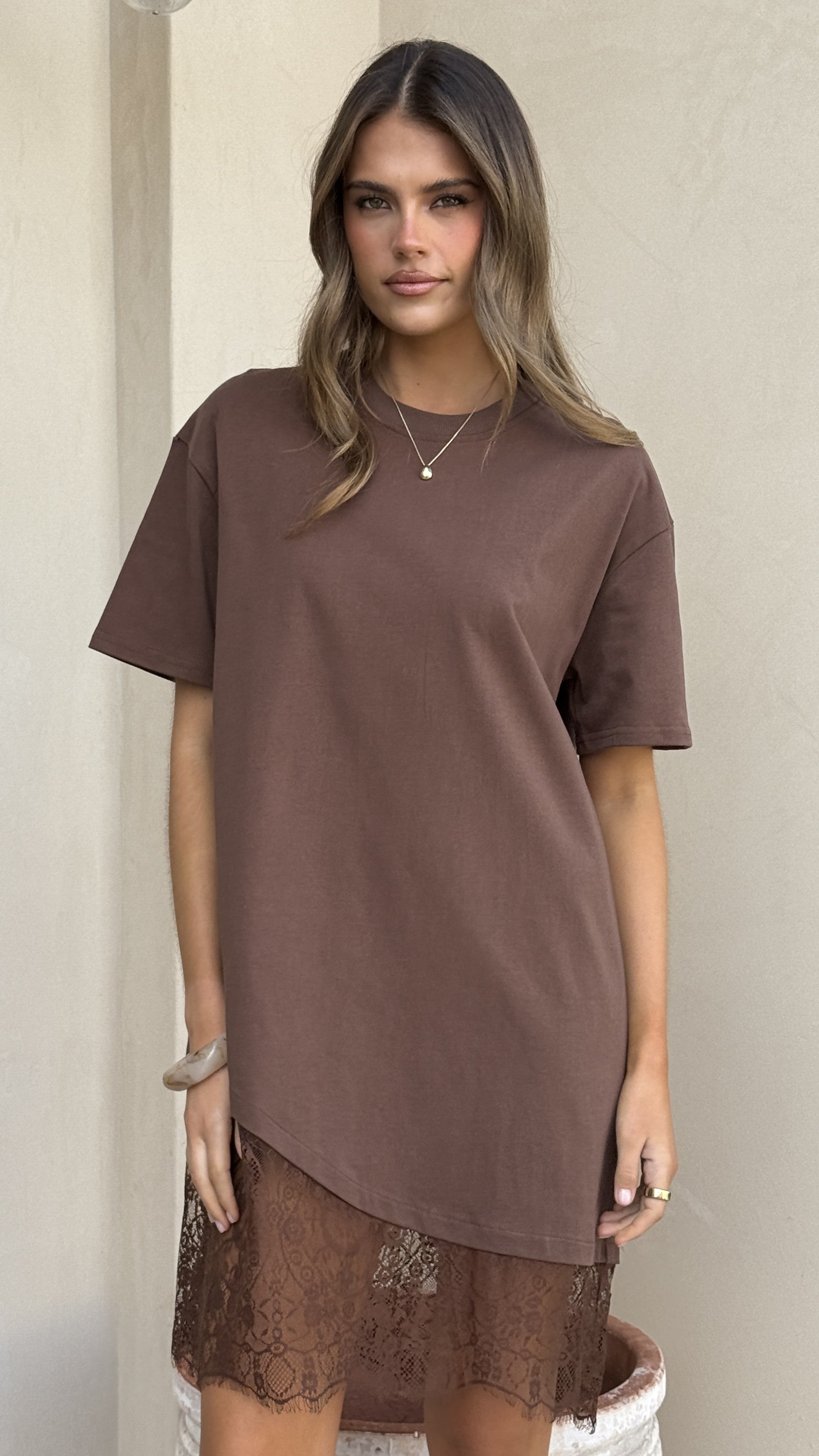 Avei Lace T-Shirt Mini Dress - Chocolate - Billy J
