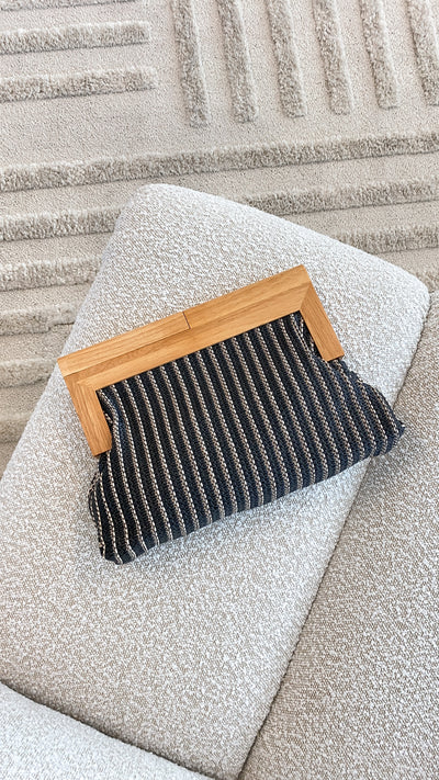 Load image into Gallery viewer, Zoey Thin Stripe Timber Frame Clutch - Black
