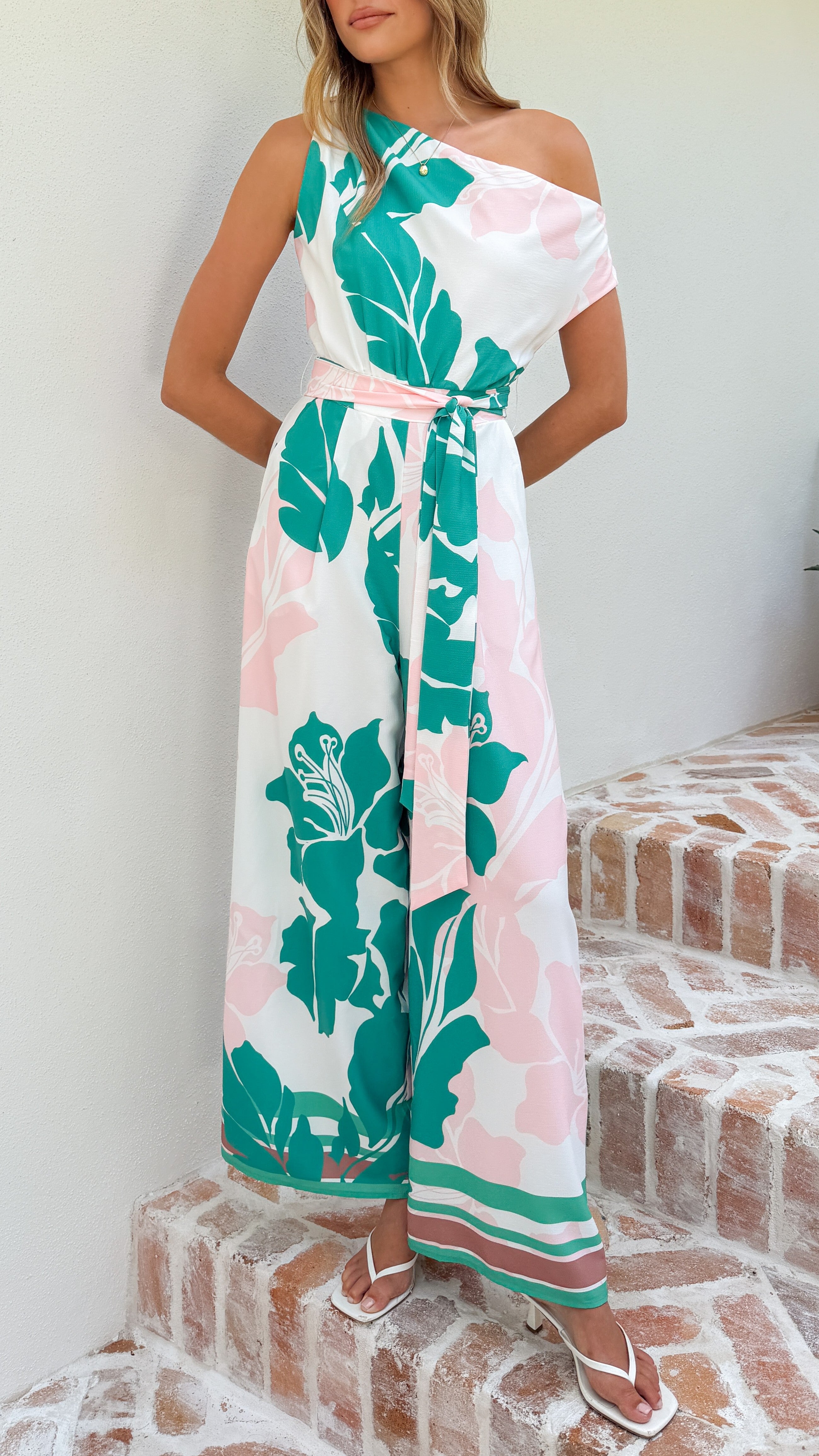 Oasis One Shoulder Jumpsuit - Pink/Green - Billy J