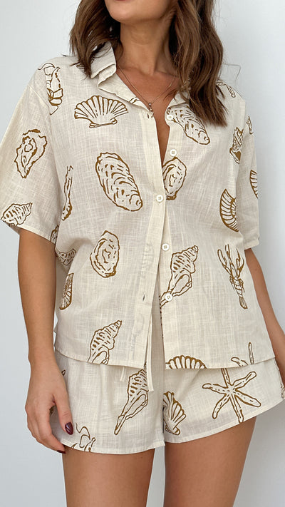 Load image into Gallery viewer, Charli Button Up Shirt and Shorts Set - Beige / Tan Shells
