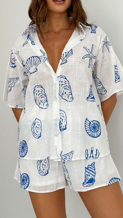Load image into Gallery viewer, Charli Button Up Shirt and Shorts Set - White / Blue Shells
