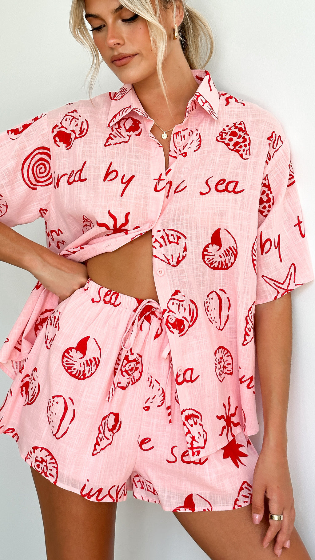 Charli Button Up Shirt and Shorts Set - Pink / Red By The Sea Print
