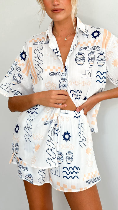 Load image into Gallery viewer, Charli Button Up Shirt and Short Set - Blue/White Vase Print
