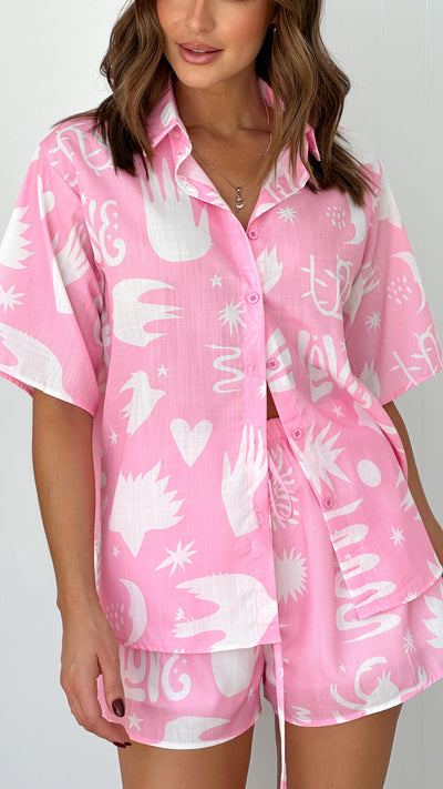 Load image into Gallery viewer, Charli Button Up Shirt and Shorts Set - Pink / White Love Print
