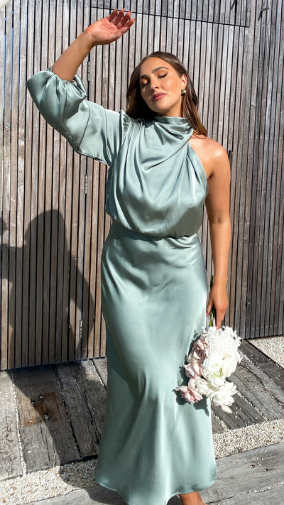 Load image into Gallery viewer, Esther One Shoulder Long Sleeve Dress - Green
