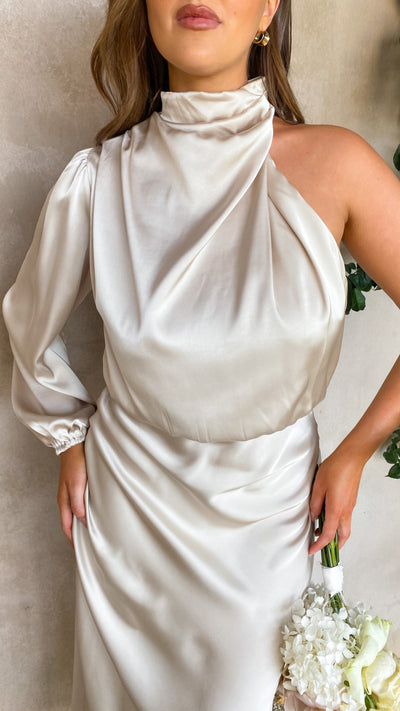 Load image into Gallery viewer, Esther One Shoulder Long Sleeve Dress - Champagne
