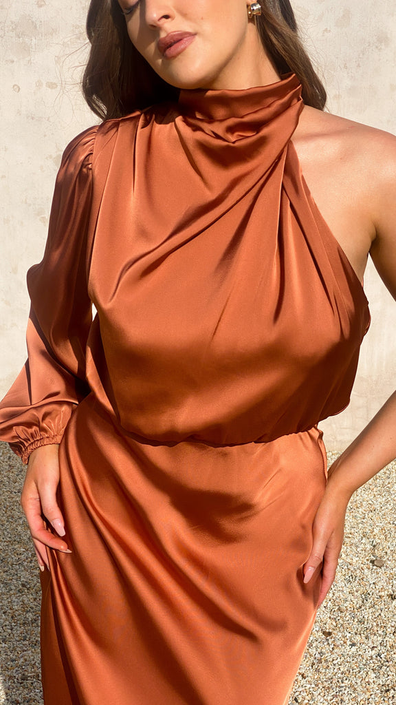Esther One Shoulder Long Sleeve Dress - Copper