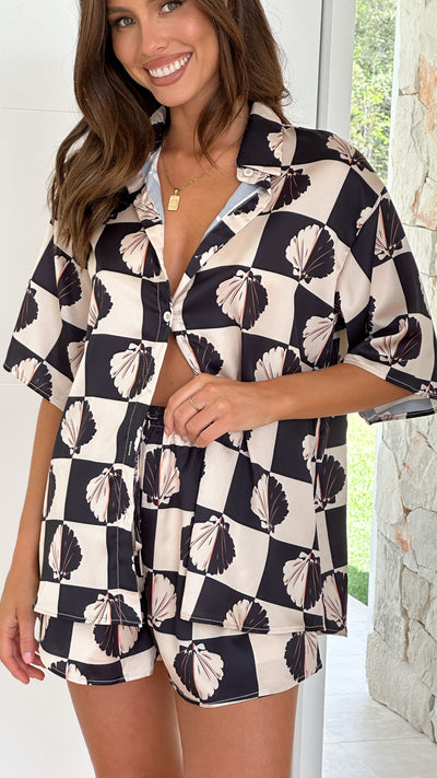 Load image into Gallery viewer, Charli Button Up Shirt and Shorts Set - Black / Beige Shell

