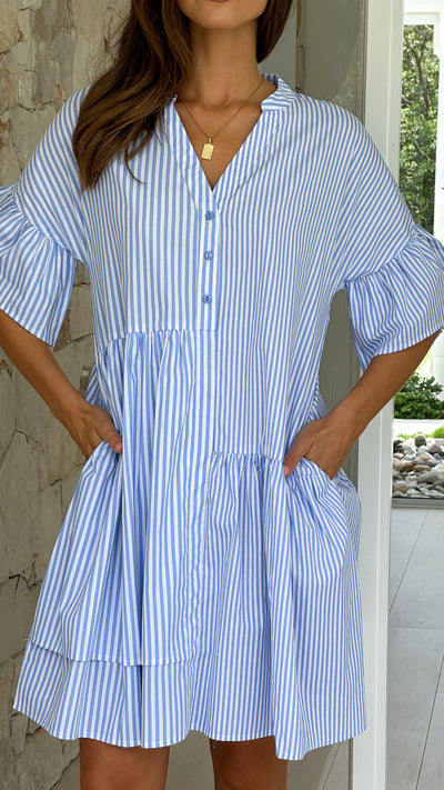 Load image into Gallery viewer, Nerissa Mini Dress - Blue/White - Billy J
