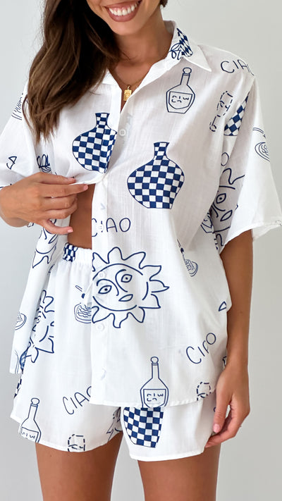 Load image into Gallery viewer, Charli Button Up Shirt and Shorts Set - White / Blue Ciao
