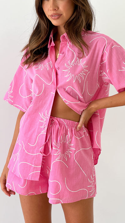 Load image into Gallery viewer, Charli Button Up Shirt and Shorts Set - Pink Swirl Sun - Billy J
