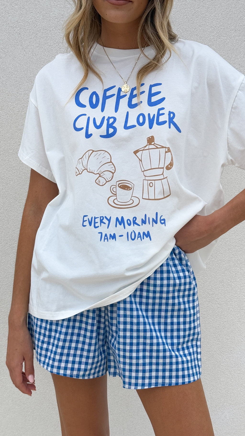 Coffee Club Lover Top and Shorts Set - White/Blue - Billy J