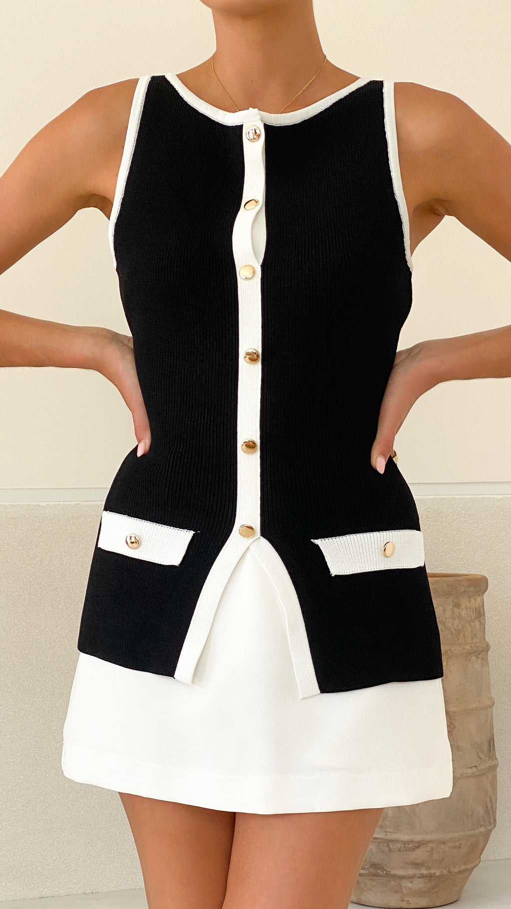 Antoinette Button Up Vest - Black/White - Billy J