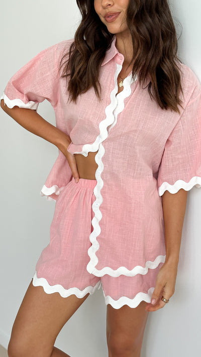 Load image into Gallery viewer, Carly Button Up Shirt and Shorts - Pale Pink / White - Billy J
