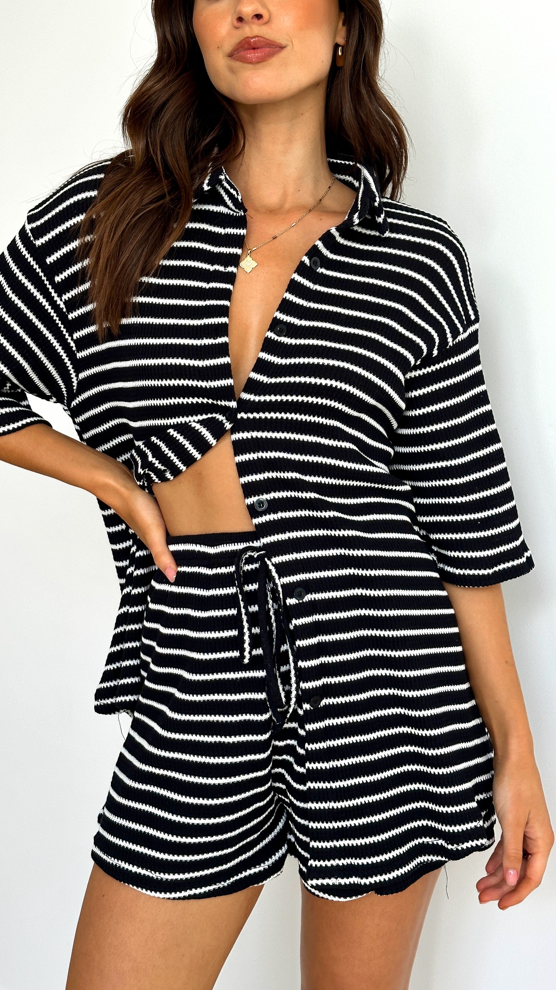 Lacole Button Up Shirt and Shorts Set - Black / White Stripe - Billy J