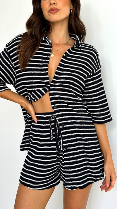Load image into Gallery viewer, Lacole Button Up Shirt and Shorts Set - Black / White Stripe
