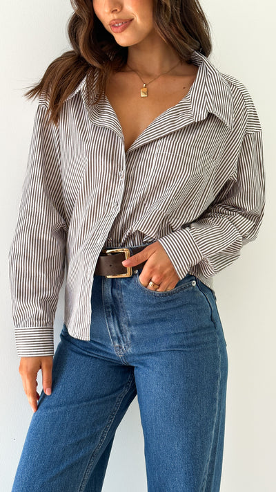 Load image into Gallery viewer, Haidera Long Sleeve Button Up Shirt - Brown Stripe
