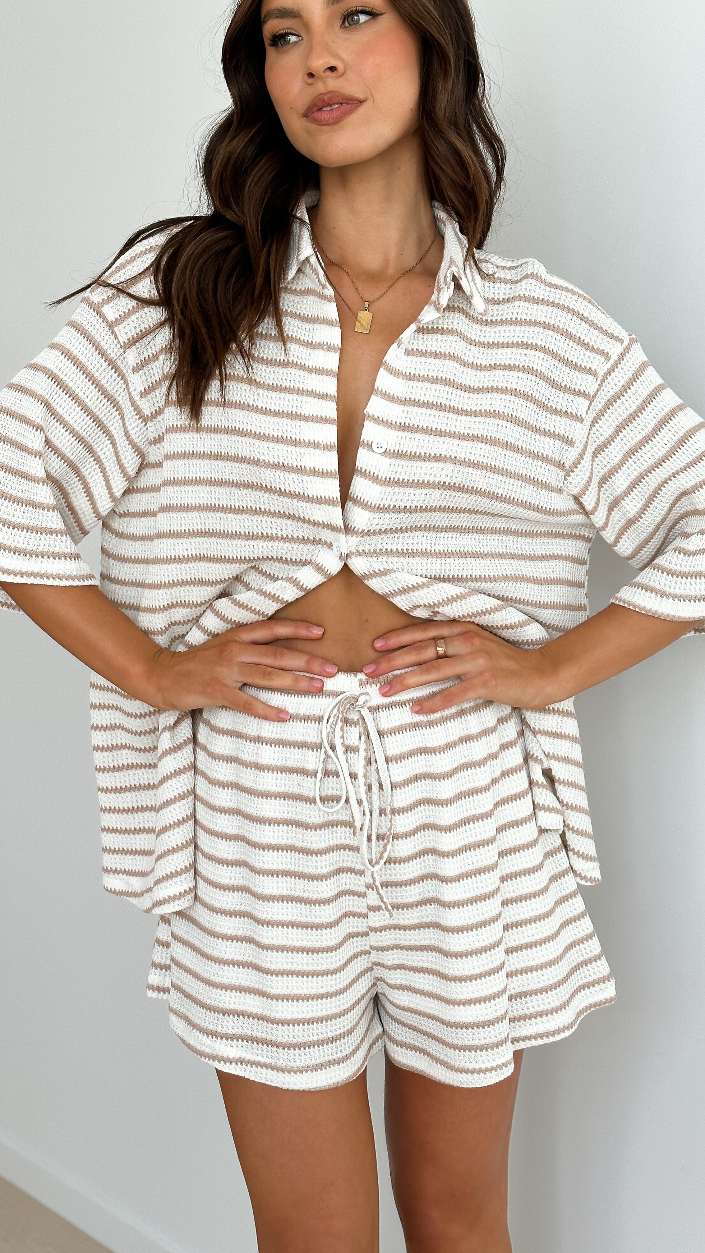 Lacole Button Up Shirt and Shorts Set - White / Beige Stripe - Billy J
