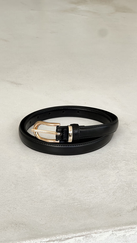 Essential Vegan Leather Thin Belt - Black/Gold