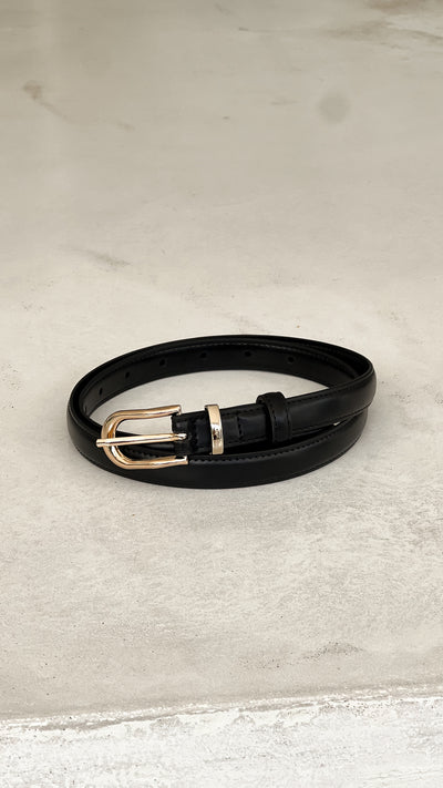 Load image into Gallery viewer, Essential Vegan Leather Thin Belt - Black/Gold
