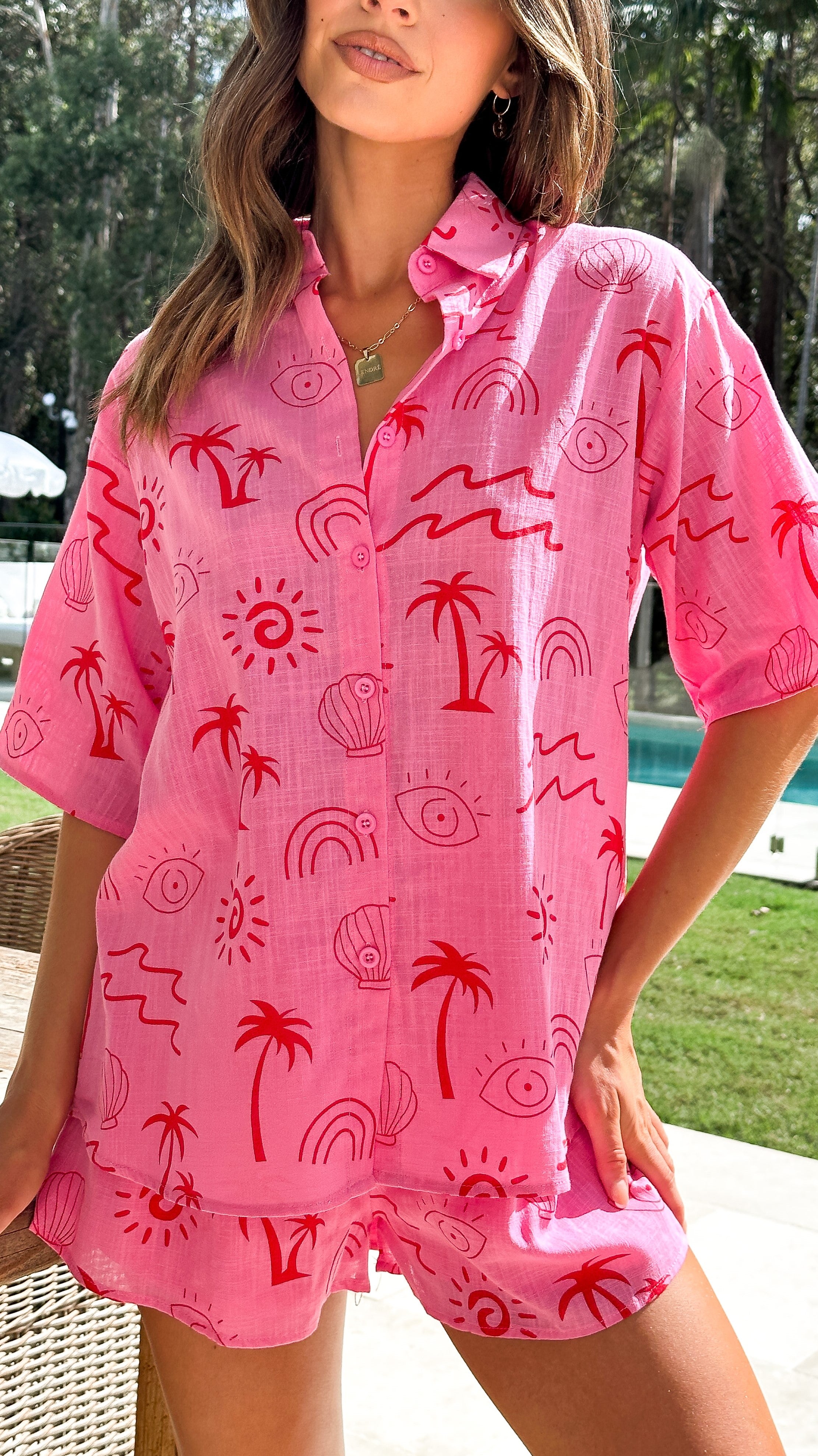 Charli Button Up Shirt and Shorts Set - Pink / Red Wave