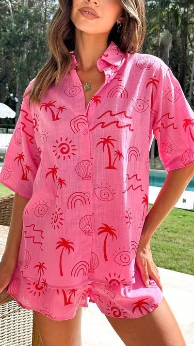 Load image into Gallery viewer, Charli Button Up Shirt and Shorts Set - Pink / Red Wave
