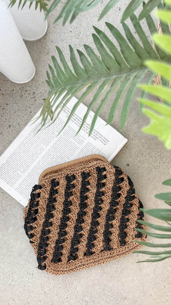 Eadie Crochet Weave Framed Clutch - Black / Natural - Billy J