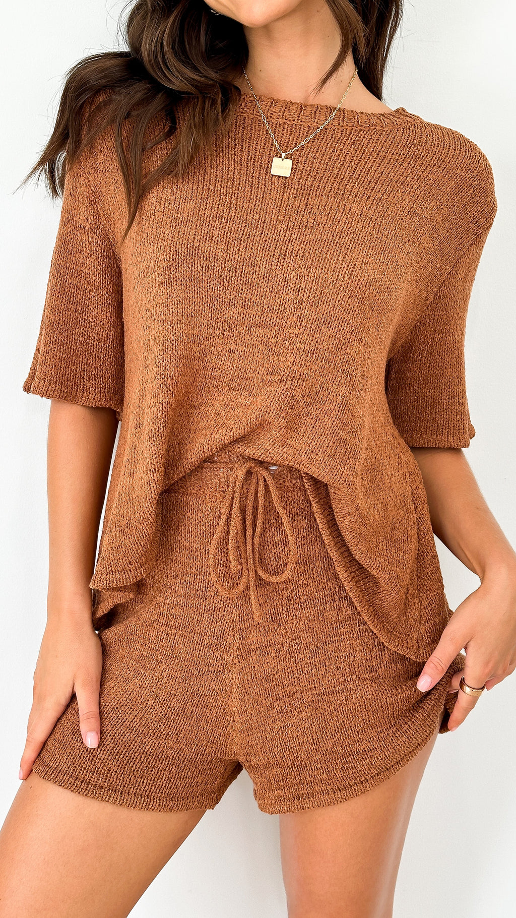Habiba T-Shirt and Shorts Set - Brown Knit