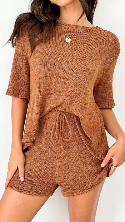 Load image into Gallery viewer, Habiba T-Shirt and Shorts Set - Brown Knit - Billy J
