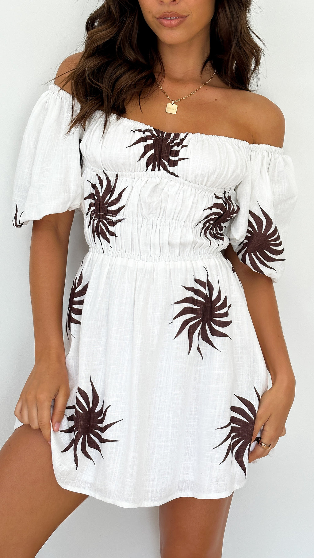 Sofia Mini Dress - White/Choc Sun Print