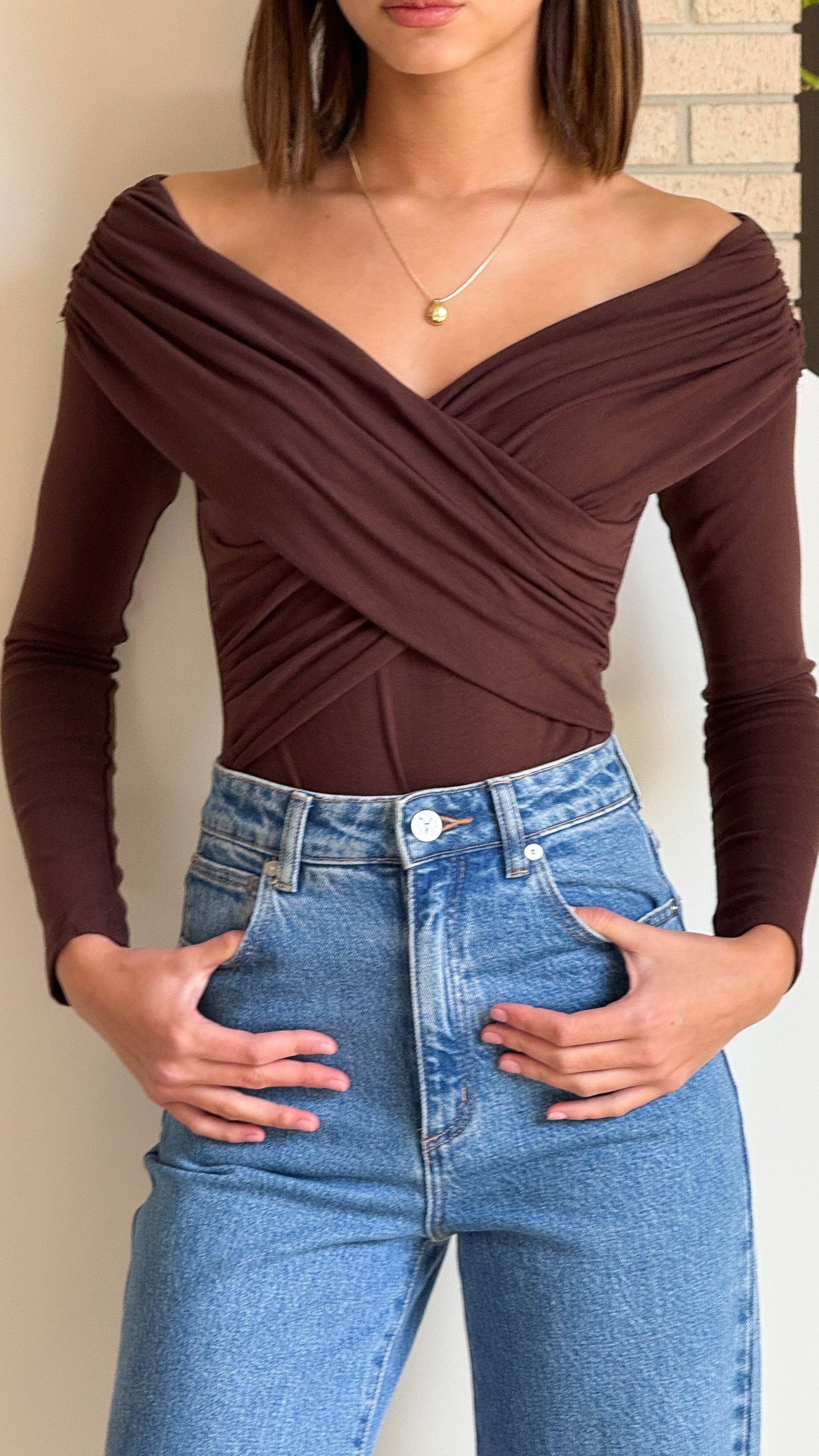 Elkie Off Shoulder Bodysuit - Chocolate - Billy J