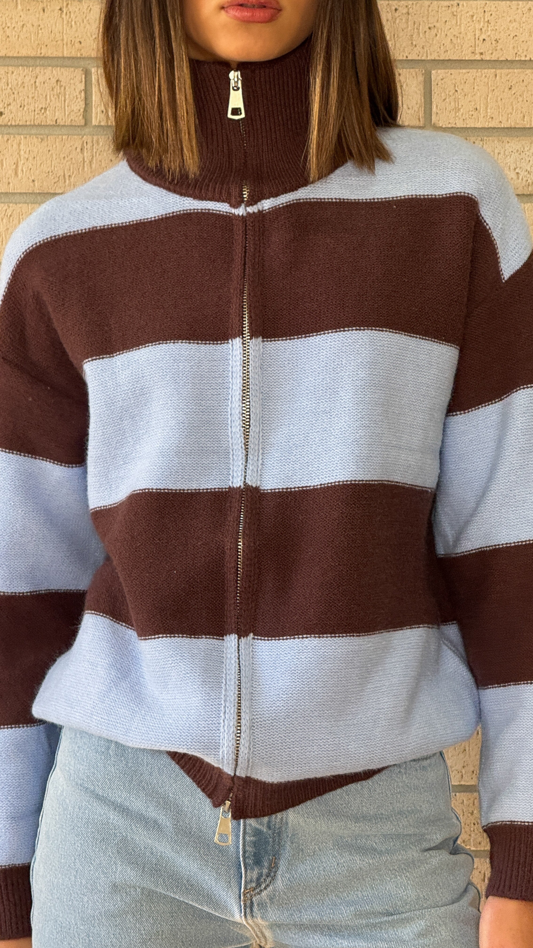 Tyla Zip-Up Sweater - Brown/Blue Stripe - Billy J
