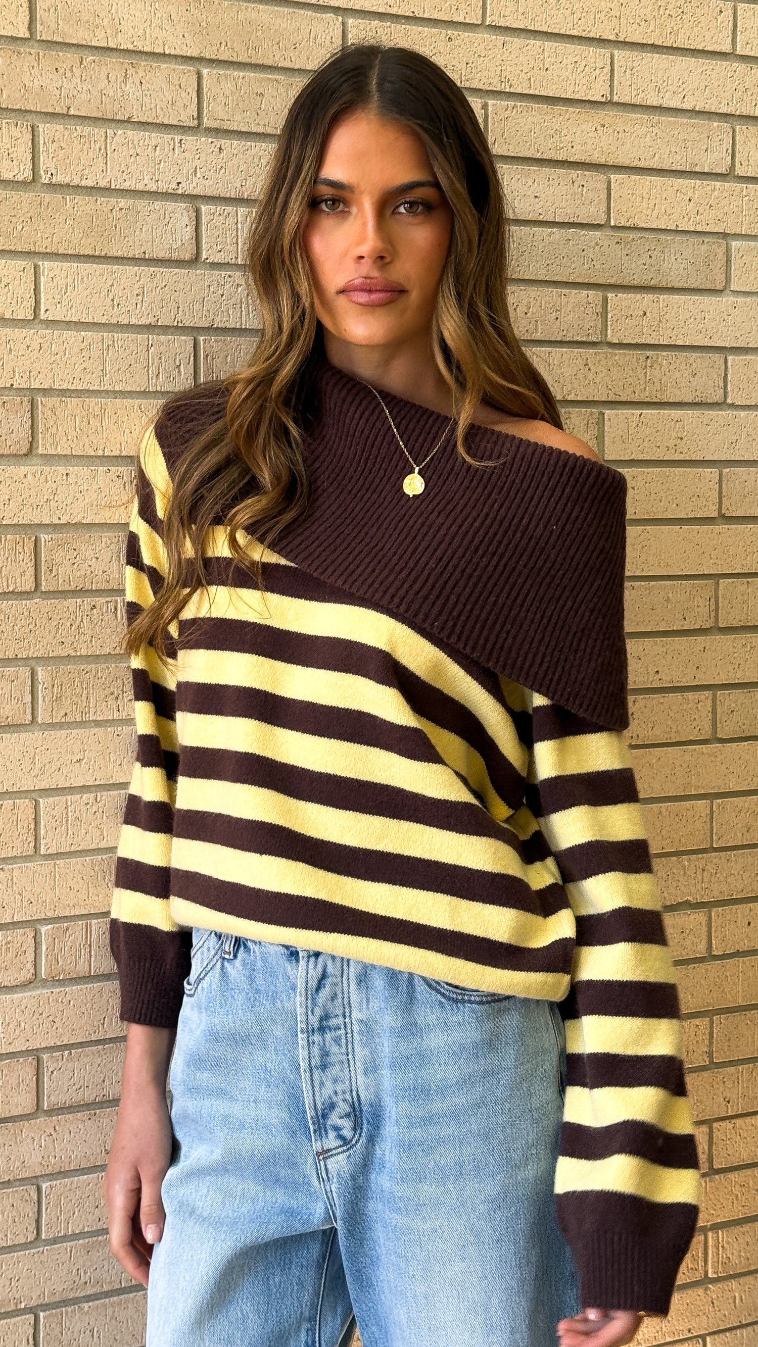 Henna Off Shoulder Knit Sweater - Yellow/Chocolate Stripe - Billy J