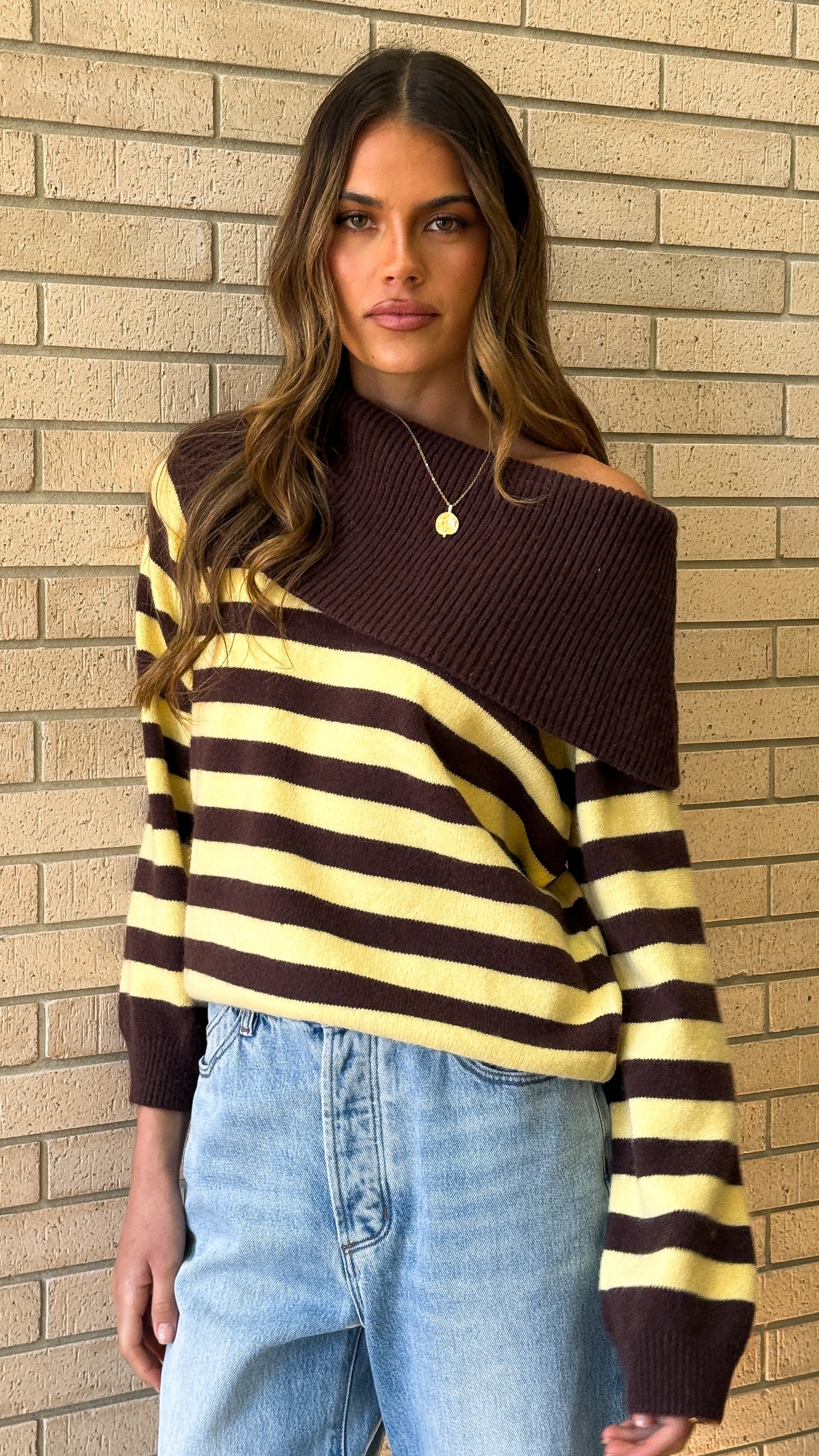 Henna Off Shoulder Knit Sweater - Yellow/Chocolate Stripe - Billy J