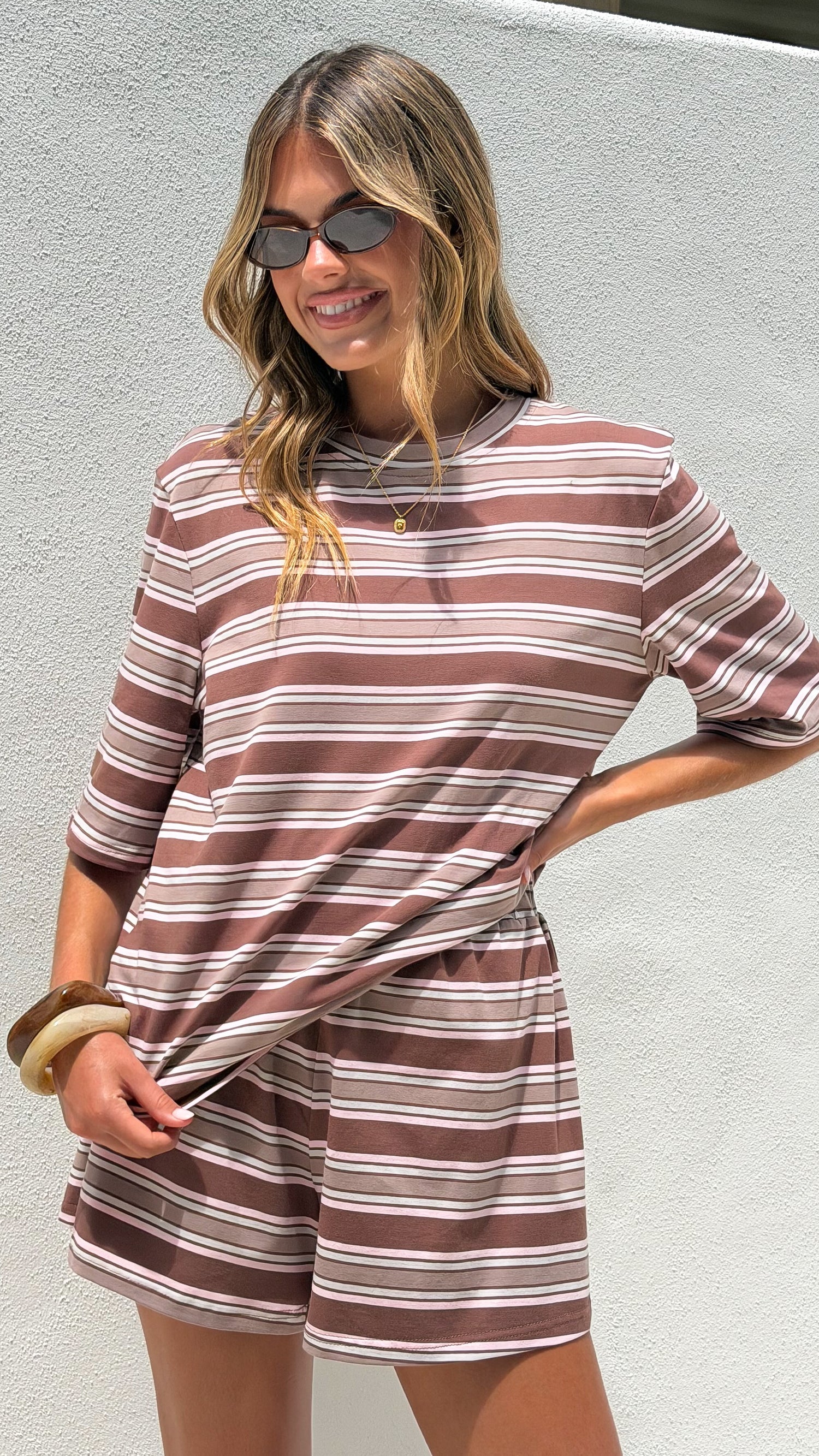 Stevie Crew Neck Tee - Chocolate / Beige Stripe - Billy J