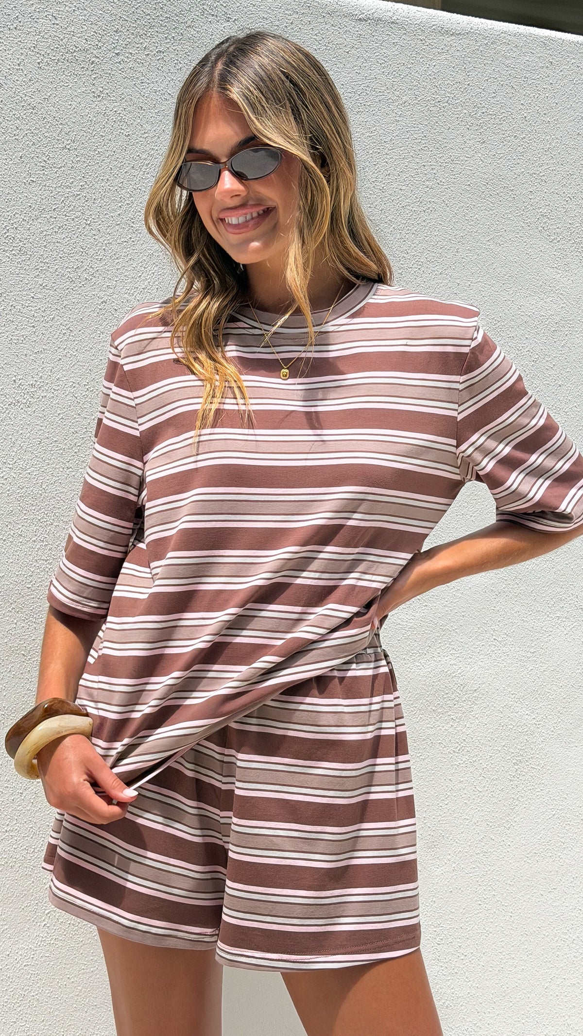 Stevie Crew Neck Tee - Chocolate / Beige Stripe - Billy J