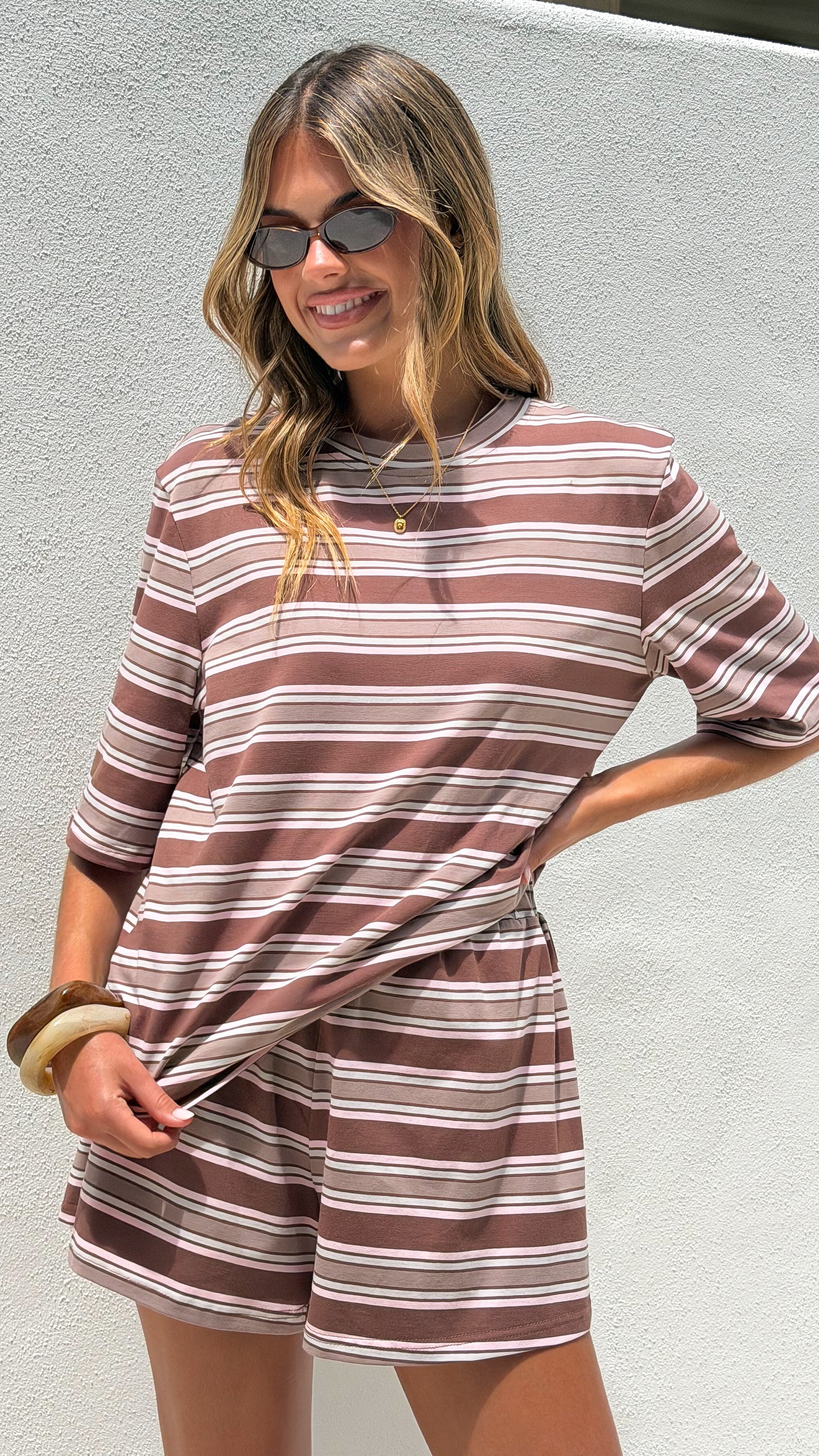 Stevie Crew Neck Tee - Chocolate / Beige Stripe - Billy J