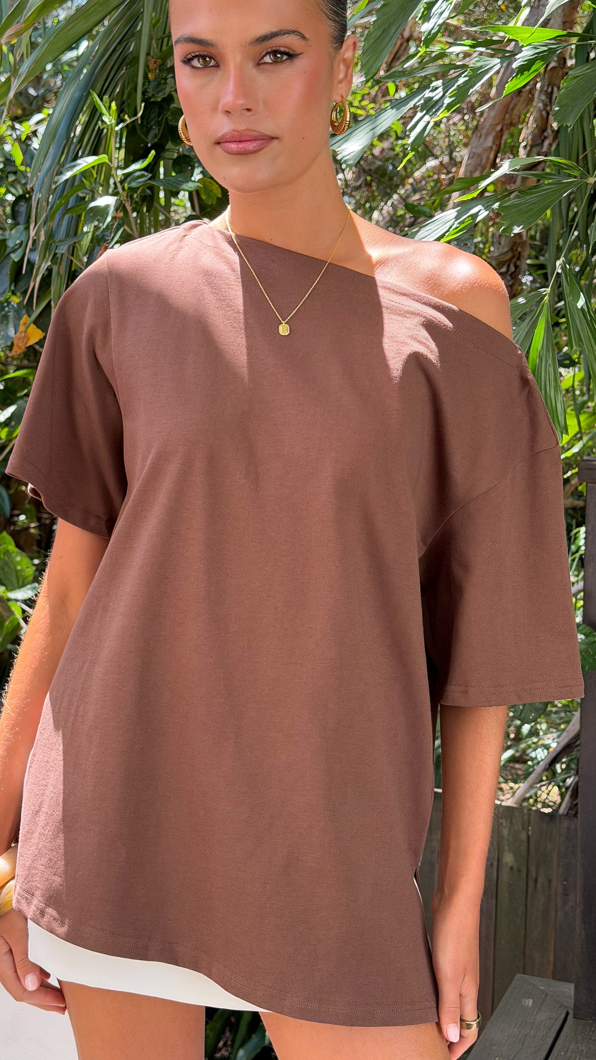 Pia One Shoulder Oversize Tee - Chocolate - Billy J