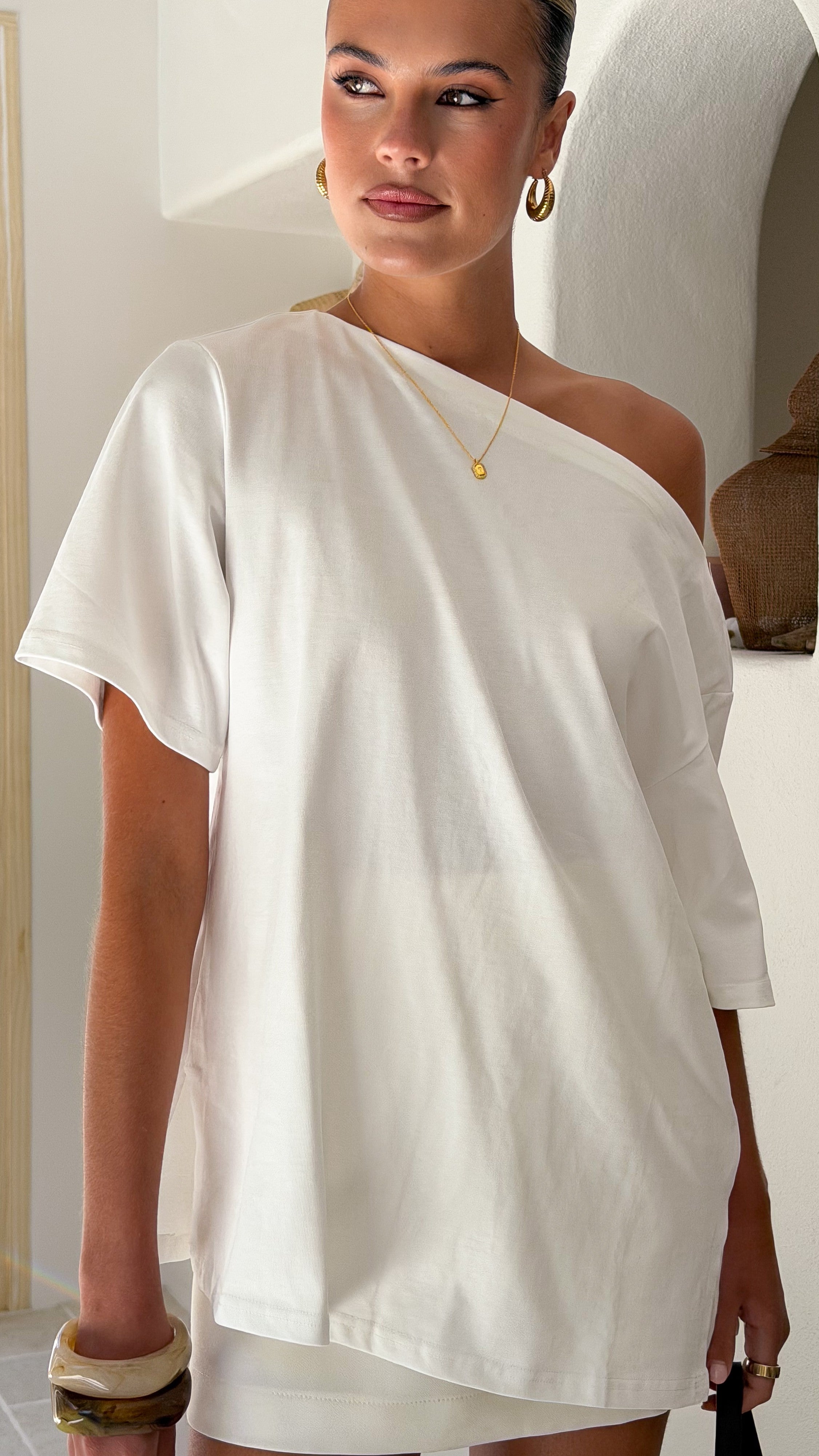 Pia One Shoulder Oversize Tee - White - Billy J
